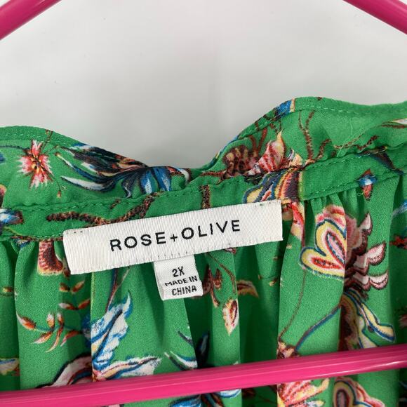Rose + Olive Blouse Size 2X Green Floral Ruffle Blouson Sleeves Plus Curvy Top - Picture 3 of 11